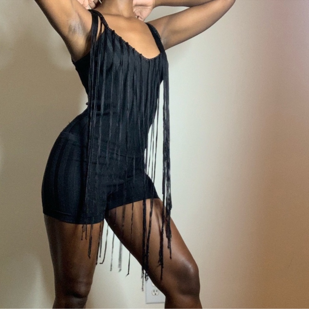 New Guess Marciano Tassel Stretch Ribbed Shine Romper Black Shorts XS M L